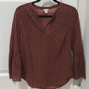 J. Crew Factory burgundy printed bell sleeve top Size small overalls Flats